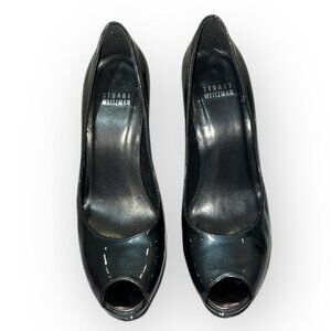 STUART Weitzman Shiny Gray peep toe platform evening prom high heels size 7.5 M
